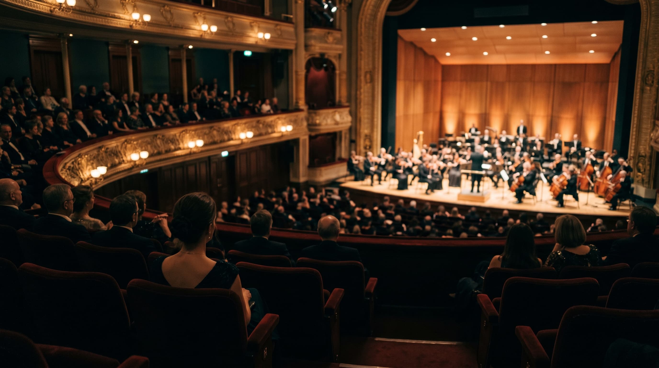 Konzerthalle mit Orchester auf der Bühne, Publikum im Vordergrund