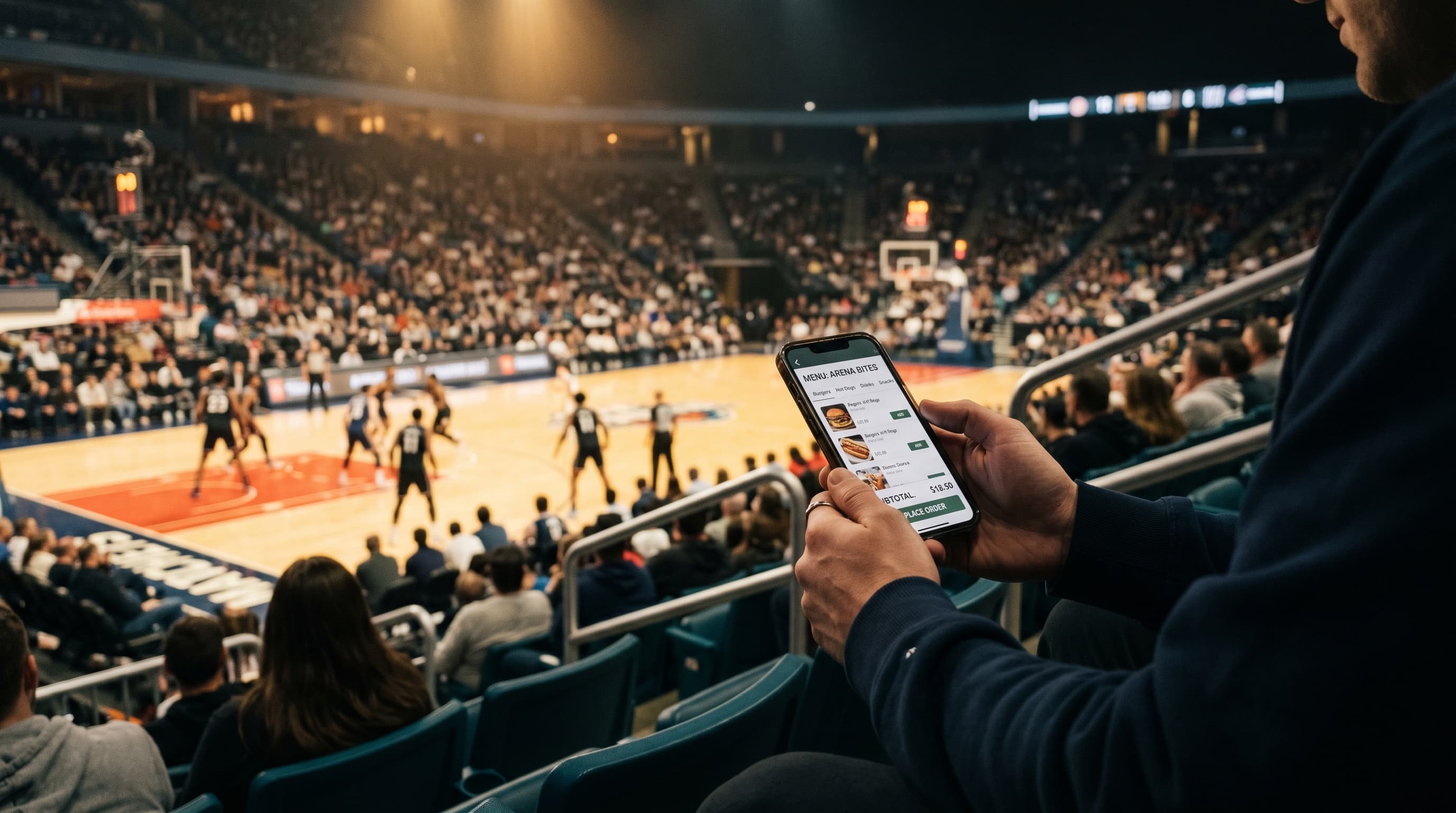 Zuschauer bestellt auf dem Smartphone, im Hintergrund ein Basketball-Spiel