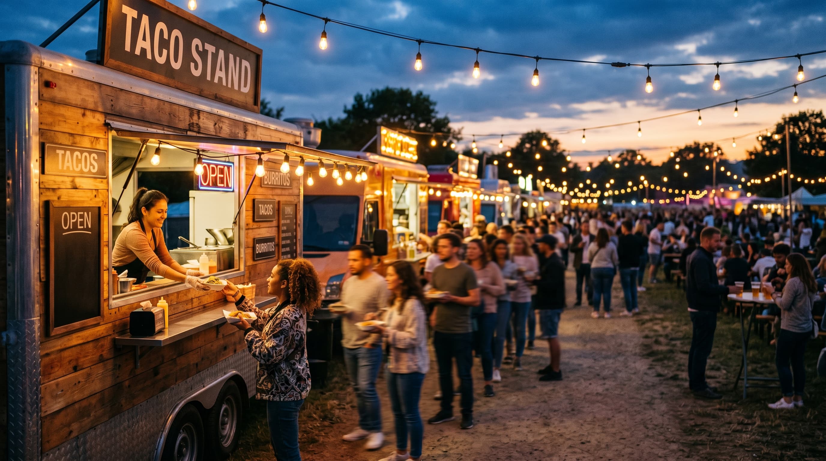 Festival-Foodcourt mit beleuchteten Food-Trucks am Abend